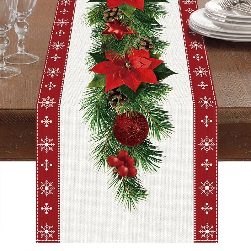 Visita la tienda de Patimate Camino de Mesa Navideño Rojo Navidad con Estampado de Campanas de Árbol de Navidad Flor Roja, Adornos Navideños Largos para Decoración de Mesa de Cena (183x33cm) — Hogar y cocina