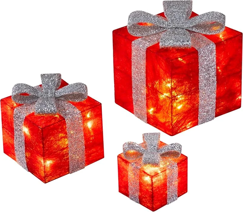 Bambelaa! ¡Bambelaa! Cajas de Regalo Led Decoración con Luz - Set de 3 Incl. Función Temporizador - Decoración Navideña Decoración Navideña Iluminación (Rojo) — Decoracion Navidad