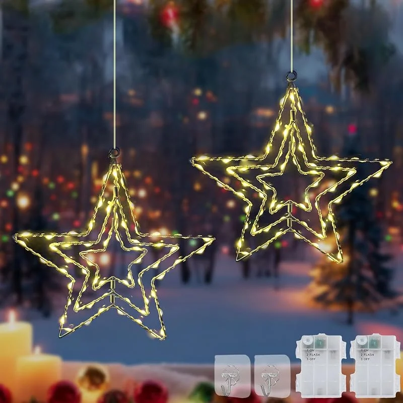 CHENBOOW Luces de Estrella de Navidad, 2 Piezas Estrellas Impermeables, Decoración Luminosa, Luces Ventana Navidad, LED Luces de Navidad con Función de Temporizador, para Ventana Interior Exterior — Decoracion Navidad