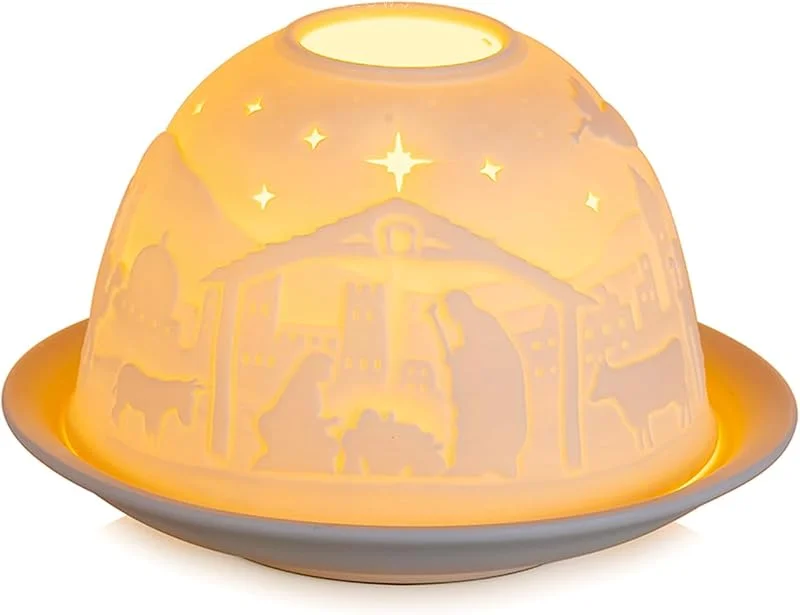 Candeldo Portavelas de Belén para Velas de Té Navideño: Pequeño Portavelas Decorativo de Porcelana Escena de Belén Farol para Velas de Té Decoración de Mesa de Navidad — Adviento y mesa