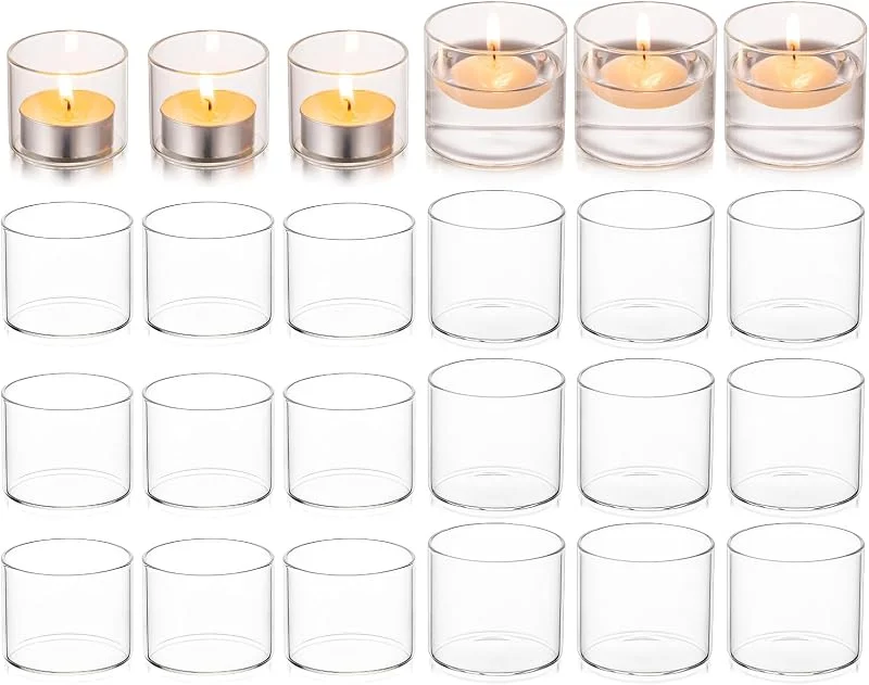 Hewory - Juego de 24 portavelas de cristal transparente para velas de té, velas flotantes y portavelas decorativos para decoración de mesa de boda, centro de mesa, salón, decoración del hogar — Cena a la luz de velas