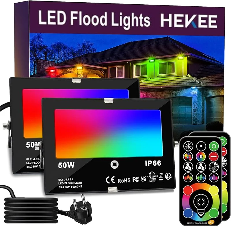 Visita la tienda de HEKEE HEKEE Foco LED RGB de Colores, cambio de color RGBW equivalente a 500 W, modo estroboscópico de bricolaje, 120 colores, temporización, RGB 2700K blanco cálido, IP66 a prueba de agua (Paquete de 2) — Luces Navidad