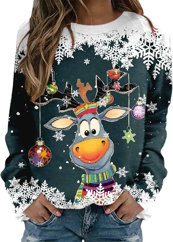 Generisch Jersey de Navidad para mujer, de manga larga con cuello redondo, bonito diseño de reno, camiseta para adolescentes, suéter de punto festivo, suéter de invierno, versátil combinable — Ropa Navidad