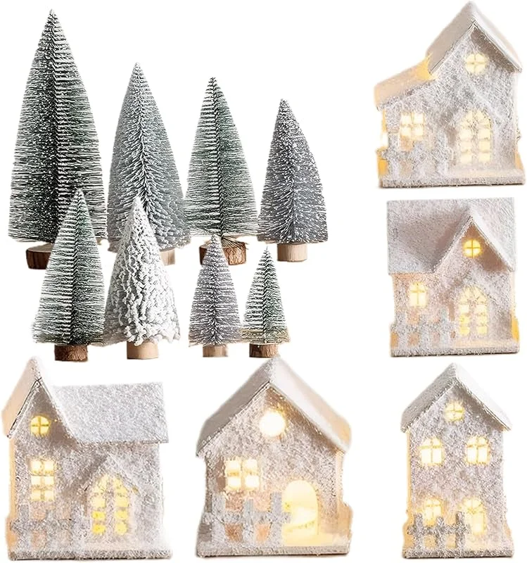 Wxyestna Los Conjuntos de pueblos navideños iluminan Casas de Pueblo Blancas flocadas con 8 miniárboles alimentados por batería para Mesa — Decoracion Navidad