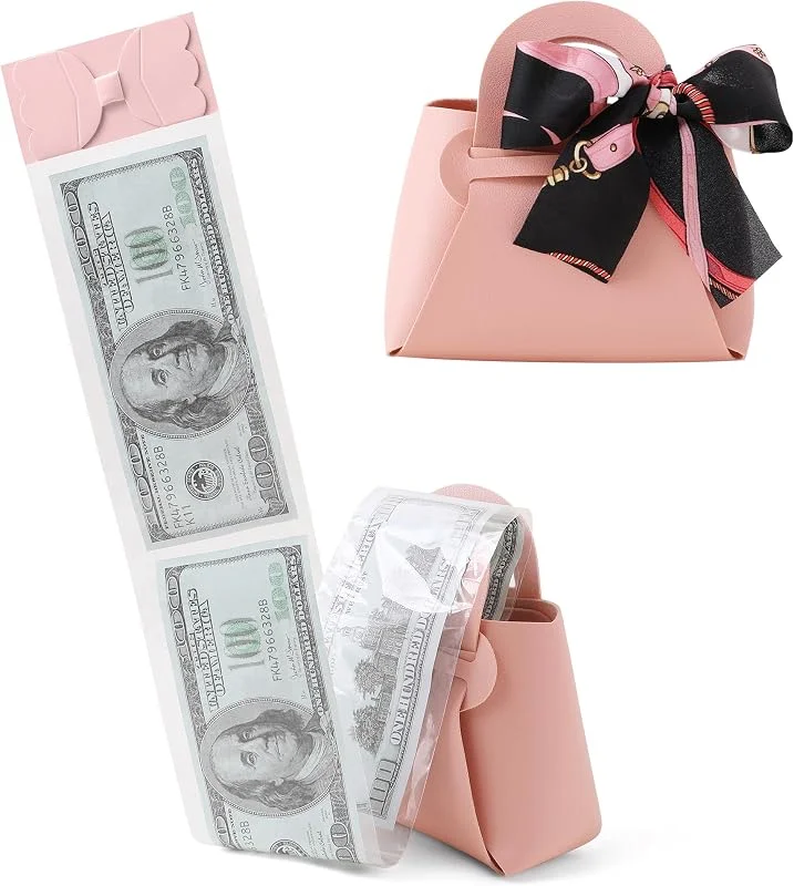 Litvana Caja sorpresa de dinero para bricolaje, caja de regalo sorpresa de cuero con lazo para dinero, bolsas extraíbles para cumpleaños, aniversario, regalos de Navidad, color rosa — Envoltorio regalo