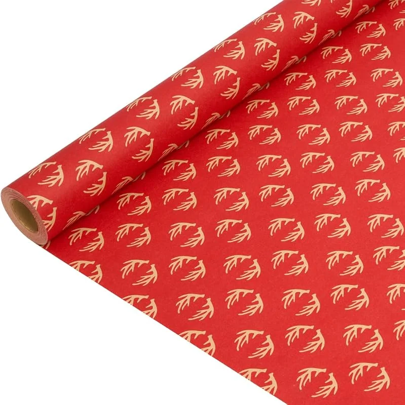 BIULDPY Rollo de papel para envolver regalos navideños: Papel Kraft rojo reciclable con diseño de astas para Navidad, cumpleaños, bodas - 43 cm x 15 m — Envoltorio regalo
