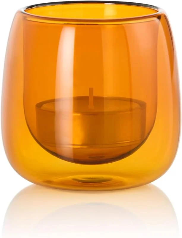 AdHoc Yuna - Portavelas de Cristal soplado para Interior y Exterior, diseño escandinavo, Resistente al Calor, Color Naranja — Cena a la luz de velas