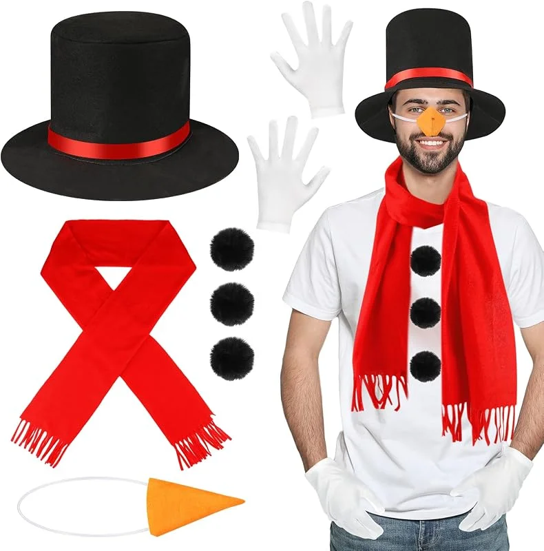 Beipegin Disfraz Muñeco de Nieve Adulto, Gorro Muñeco de Nieve Bufanda Nariz Pompones Negros Disfraz Navidad Adulto Complementos Navidad Fiestas — Ropa Navidad
