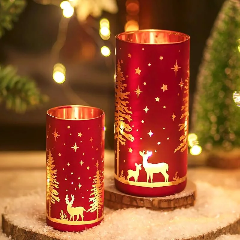 Hewory 2 portavelas de cristal para decoración de Navidad, diseño de reno — Decoracion Navidad