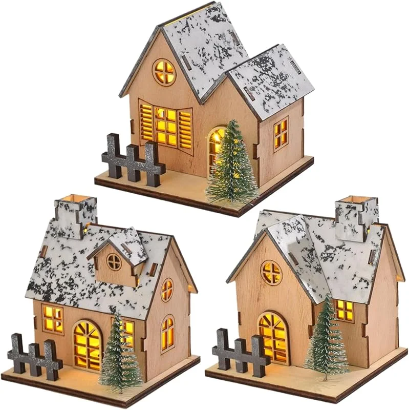 Hilai Decoraciones navideñas, Conjuntos de pueblos navideños, 3 Piezas, Casas de Pueblo de Madera con luz LED, Mini Decoraciones de Casas con Pilas para Mesa, Ventana, Dormitorio, Paisaje y Fiesta — Decoracion Navidad