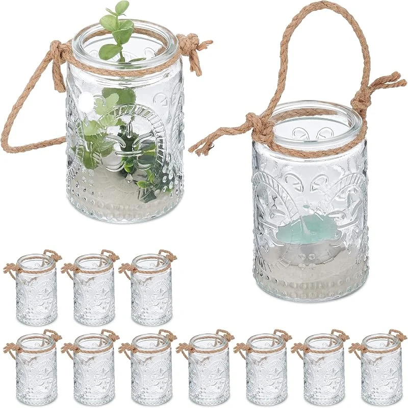 Visita la tienda de Relaxdays Relaxdays Portavelas, Set 12, Tarro con Asa, Interior y Exterior, 10, 5 x 7 cm, Porta Velas Té Bodas, Transparente, Marrón — Cena a la luz de velas