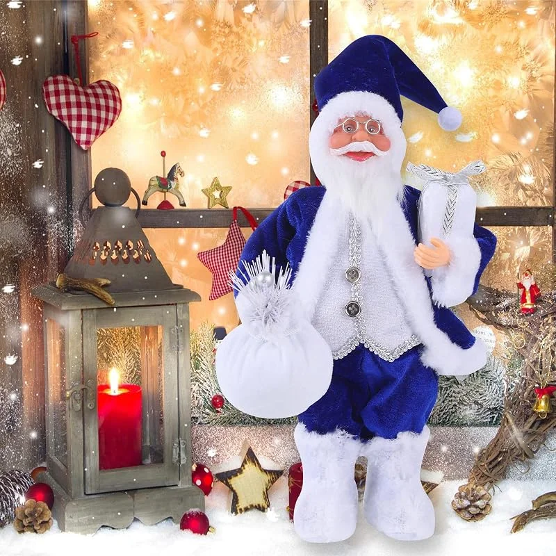 GLAITC Figura de Papá Noel de pie 30 cm Adorno de Santa Realista Tradicional, Muñeca para Decoración de Fiesta de Mesa de Navidad, Azul — Adviento y mesa