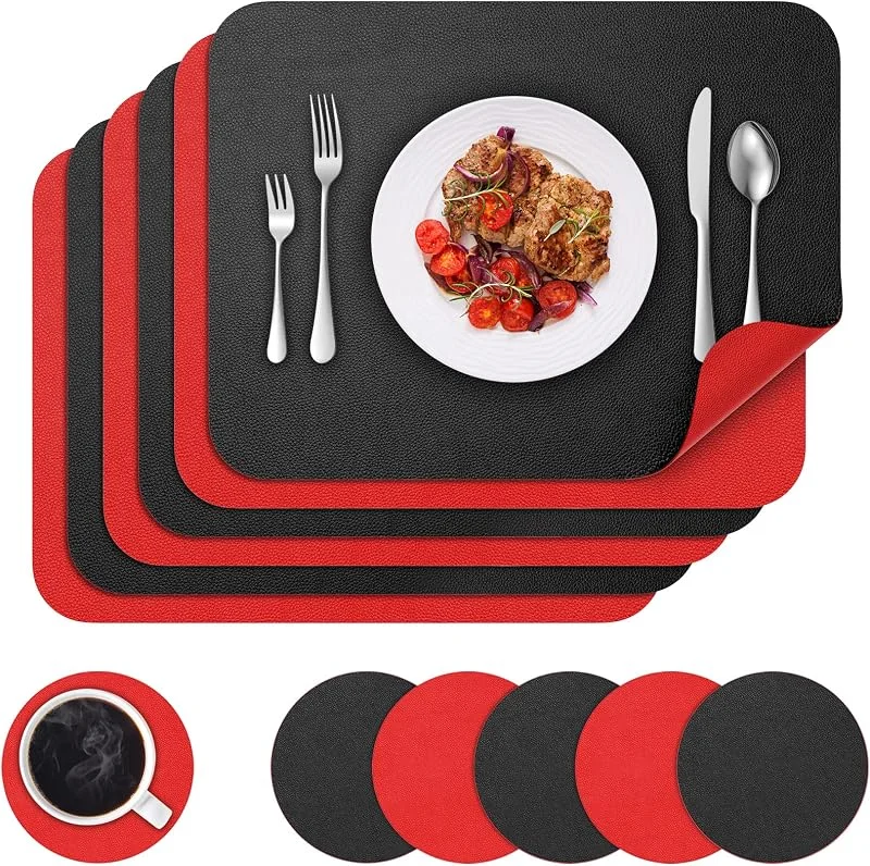 BANNIO Juego de 12 Mantel Individual, 6 PVC Antideslizantes Manteles Individuales und 6 Posavasos, Salvamanteles Individuales Lavables Antimanchas, 41x31cm para Restaurantes, Cocinas(Negro+Tinto) — Hogar y cocina