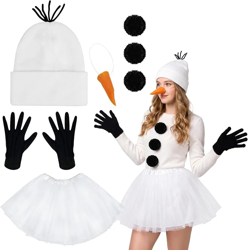 GUIZIYAO Disfraz Muñeco Nieve Mujer, Conjunto Disfraz Muñeco Nieve, Con Nariz De Zanahoria, Guantes Negros, Tutú, Gorro, Bufanda Y Pompones, Para Navidad Halloween — Ropa Navidad