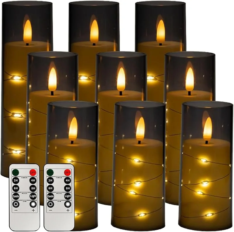 Visita la tienda de Littleboyny Velas LED sin llama, velas cilíndricas con pilas con cadena de luces en forma de estrella, juego de 9 unidades, mando a distancia y temporizador, decoración romántica para el hogar — Cena a la luz de velas