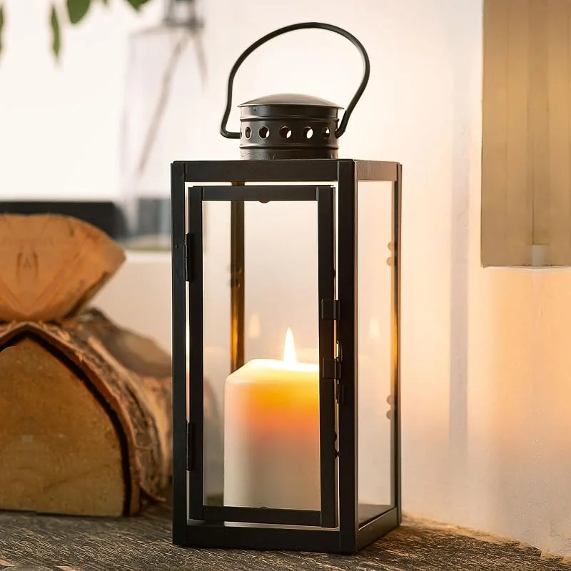 PORFOYO Farolillos para exteriores, 24 cm, pequeño metal negro, farol para tumba resistente a la intemperie con cristal para jardín, balcón, terraza, cementerio, candelabro, decoración, moderno, estilo — Cena a la luz de velas