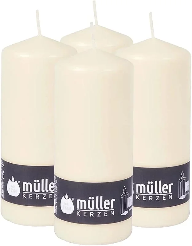 Visita la tienda de seit 1744 müller KERZEN Müller Velas Pilar Grandes - Juego de 4 velas de color marfil - 8 x 20 cm - Larga duración de 80 horas - Cero antigoteo - Inodoro - Calidad RAL — Cena a la luz de velas