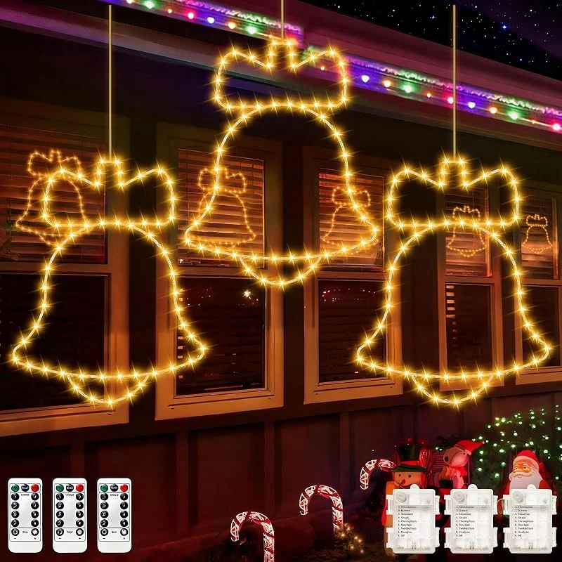 Visita la tienda de GEEKEO 3 Pcs Cortina Luces Navidad, 55LED Luces de Navidad Campana Exterior a Pilas con Temporizador, 8 Modos Luces de Cortina Luz Ventana Decoracion Navideñas para Interior habitacion Balcón Boda