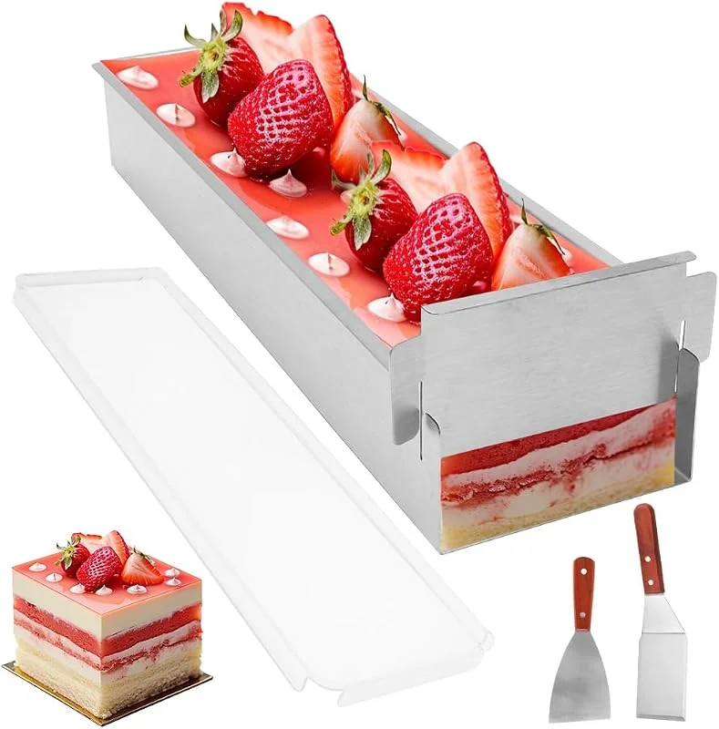 Yuragim Molde Rectangular de Mousse, Ajustable Forma de Tiramisú de Aleación de Aluminio para Mousse y Tiramisú, Molde Rectangular con tapa acrílica para Tartas, Tostadas, Hornear y Decorar — Hogar y cocina
