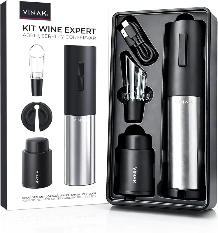 Visita la tienda de VINAK VINAK - KIT Wine Expert - Sacacorchos eléctrico recargable en acero inoxidable + tapón de vino de vacío + vertedor de vino y cortacápsulas, Diseño moderno, Abrebotellas sin esfuerzo — Vino y mesa festiva