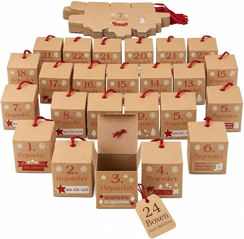 MIJOMA Calendario de Adviento para rellenar, rellenable, con 24 cajas y 24 cintas de tela, calendario de Adviento DIY para manualidades — Adviento y mesa