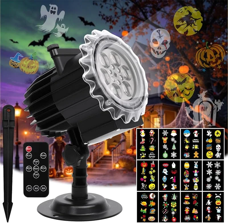 CIXMUS Proyector Navidad Exterior, Decoración Navideña LED Impermeable IP44, con 12 Diapositivas y Control Remoto, para Interior Exterior Decoración de Atmósfera Festiva (Negro) — Luces Navidad