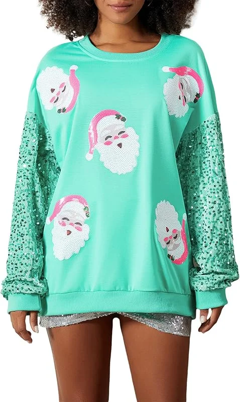 Yoisdtxc Sudadera de Navidad para mujer, holgada, con lentejuelas, cuello redondo, manga larga, sin botones, informal, para la calle — Ropa Navidad
