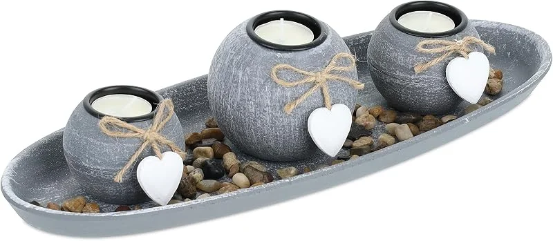 Visita la tienda de Relaxdays Relaxdays Set Portavelas con Bandeja y Piedras Decorativas, 38 cm de Largo, 3 Velitas, Decoración de Mesa, Gris, Blanco — Cena a la luz de velas