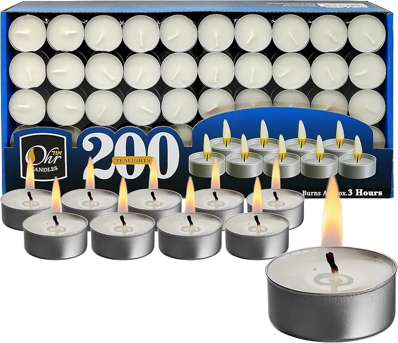 Ohr Candles Velas de Té - Paquete de 200 Velas de Té sin Perfume - Velas de Larga Duración 4 h - Velas Blancas en Taza Aluminio — Cena a la luz de velas