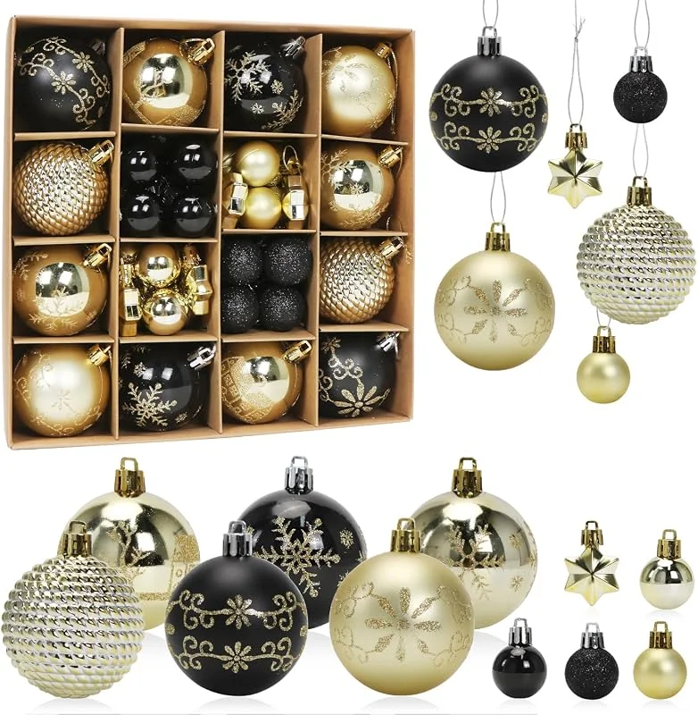 Aurasky Bolas de Navidad Negras y Doradas, 44 Piezas Decoracion Arbol Navidad, Bolas y Estrellas para Árbol de Navidad, Bolas Navidad de Plástico, Adornos Navideños, Regalos Colgantes de Navidad — Decoracion Navidad