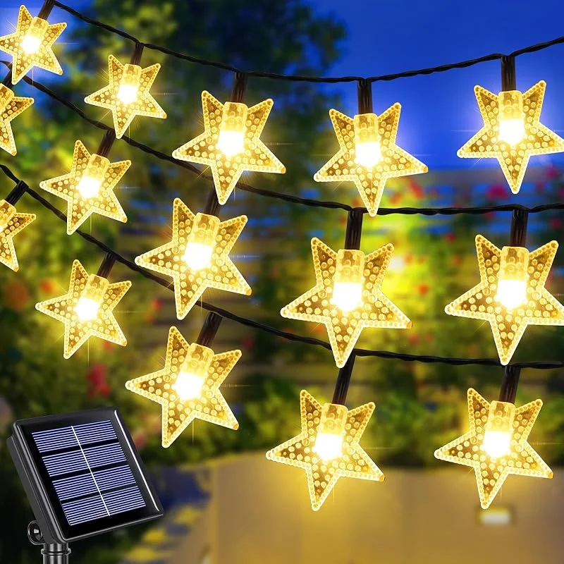 Fohil Guirnalda Luces Exterior Solar, 12M 100 LED Estrellas Cadena de Luces de Navidad Solares Exteriores 8 Modos IP65 Impermeable Decoración de Navidad Exterior, Bodas, Balcón, Patio, Jardín — Luces Navidad