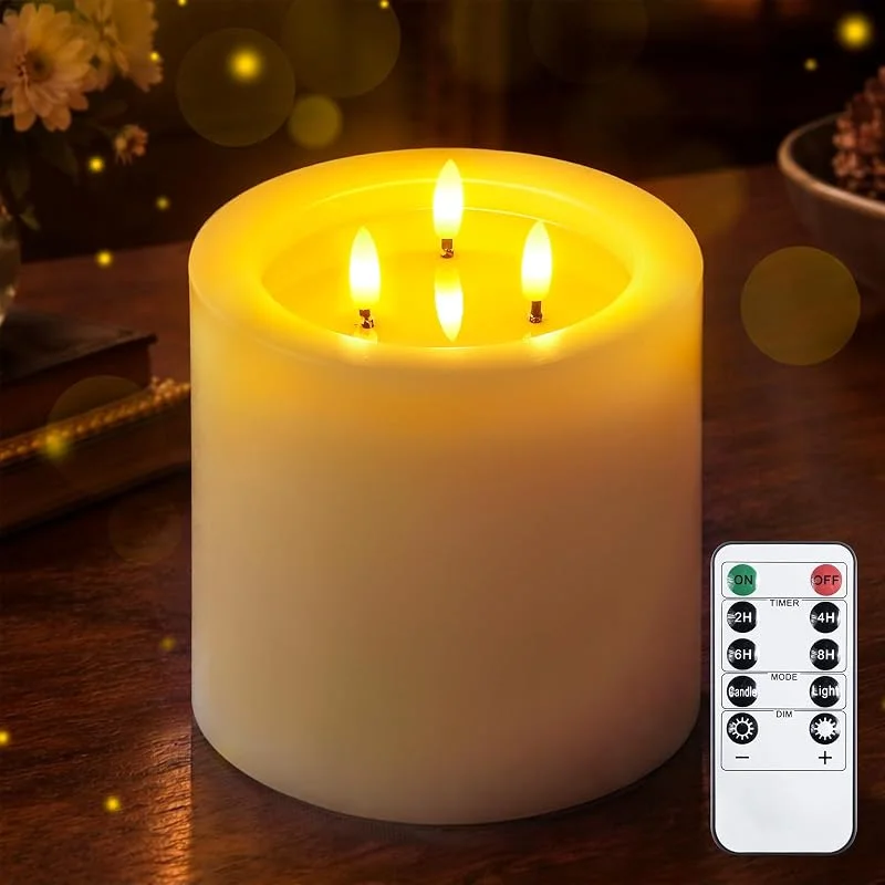 Yeelida Vela LED sin llama de 3 mechas 15x15cm con mando a distancia y efecto aceite de cera, temporizador Vela de cera real con pilas que parpadean en color Blanco — Cena a la luz de velas