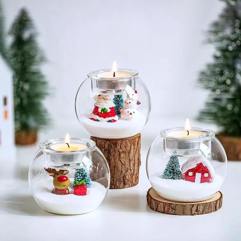 Hewory Juego de 3 portavelas de cristal con ciervo y nieve para decoración — Adviento y mesa