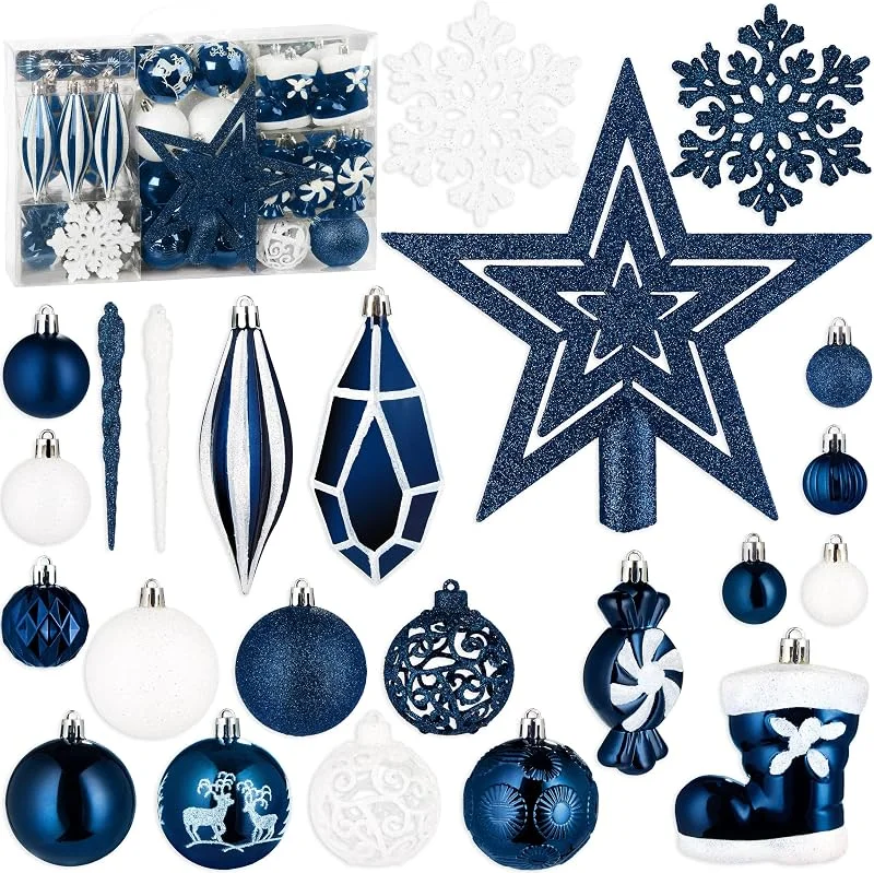 Visita la tienda de BRUBAKER BRUBAKER Juego de 128 Bolas de Navidad - Adornos para el Árbol de Navidad XXL con Bolas de Purpurina, Carámbanos, Colgantes de Diamantes, Caramelos, Botas de Papá Noel y Estrella para el Árbol - Azul — Decoracion Navidad