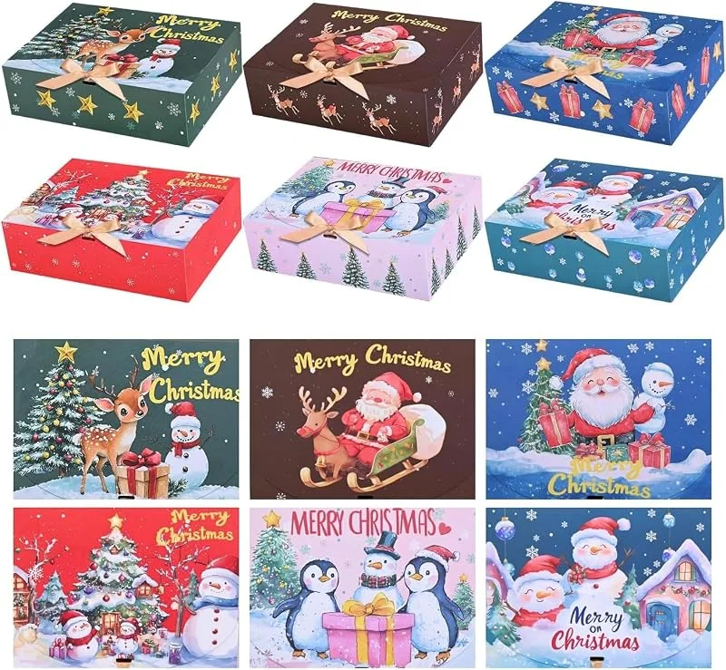 LATERN 12 Piezas Cajas de Regalo Navideñas con Tapas, 27CM x 20CM x 8CM Caja de Regalo de Papel Kraft Muñeco de Nieve Papá Noel Pingüino Alce Caja con Cinta Dorada para Navidad Fiesta Regalo Embalaje — Envoltorio regalo