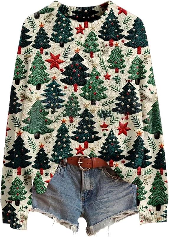 tacniseyw Suéteres de Navidad para mujer, cuello redondo, suéter de punto cálido de — Ropa Navidad