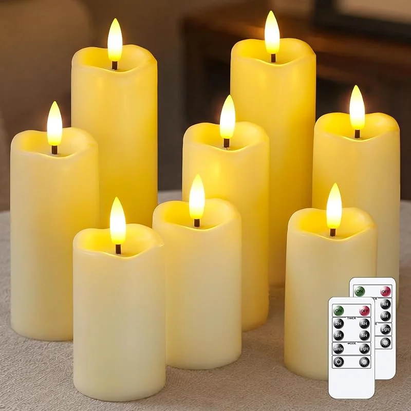 Mavandes Paquete de 8 velas LED parpadeantes sin llama con 2 mandos y temporizador, 5, 3cm x 11cm 14cm 17cm Marfil Velas de plástico a pilas — Cena a la luz de velas