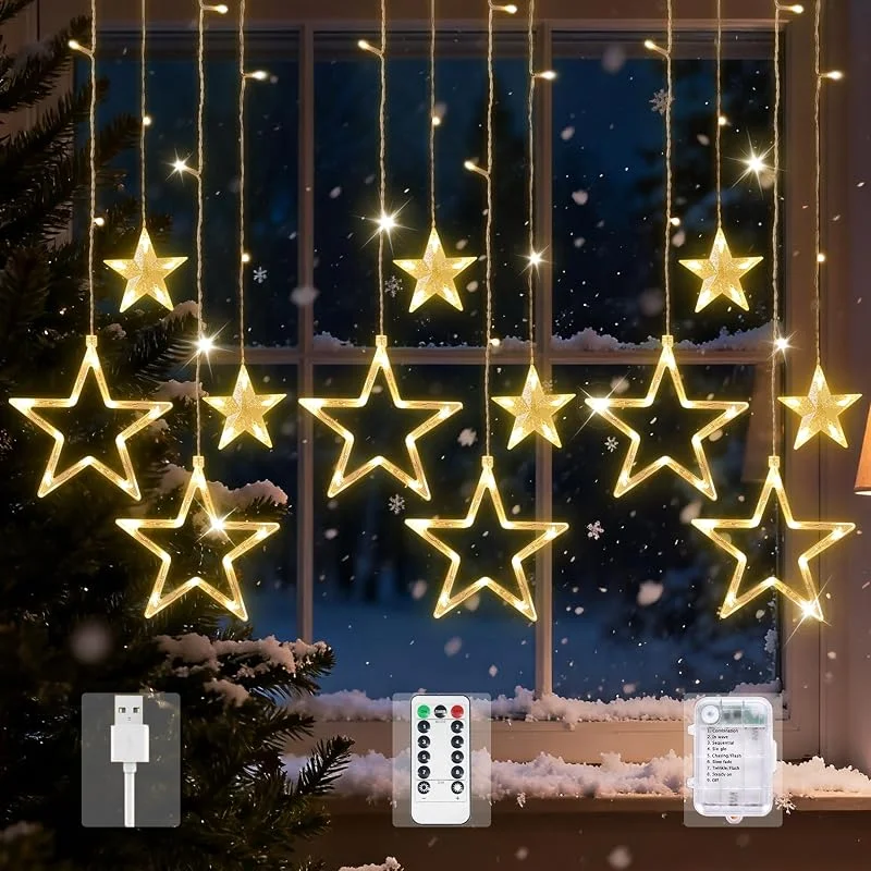 Visita la tienda de Arespark Arespark 126 LED Cortina de Luces, 3.5M Estrellas Luces de Navidad Pilas, USB, 8 Modos Guirnaldas Luz, IP44 Interior Exterior Decoracion Navidad para Balcón, Ventana, Pared, Escaparate, Boda