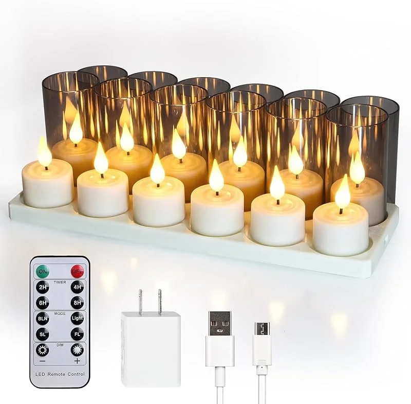 Visita la tienda de ZIYOUDOLI 12 velas de té recargables con temporizador, mando a distancia, tazas decorativas, velas recargables con cable de carga USB, enchufe de carga para Halloween, Navidad, decoración de muebles — Cena a la luz de velas