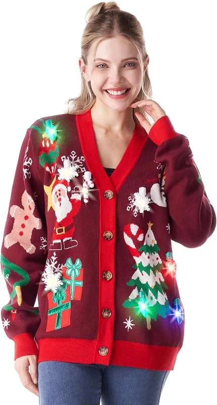 Giggling Getup - Cárdigan Feo para Mujer, suéter de Reno con luz navideña — Ropa Navidad