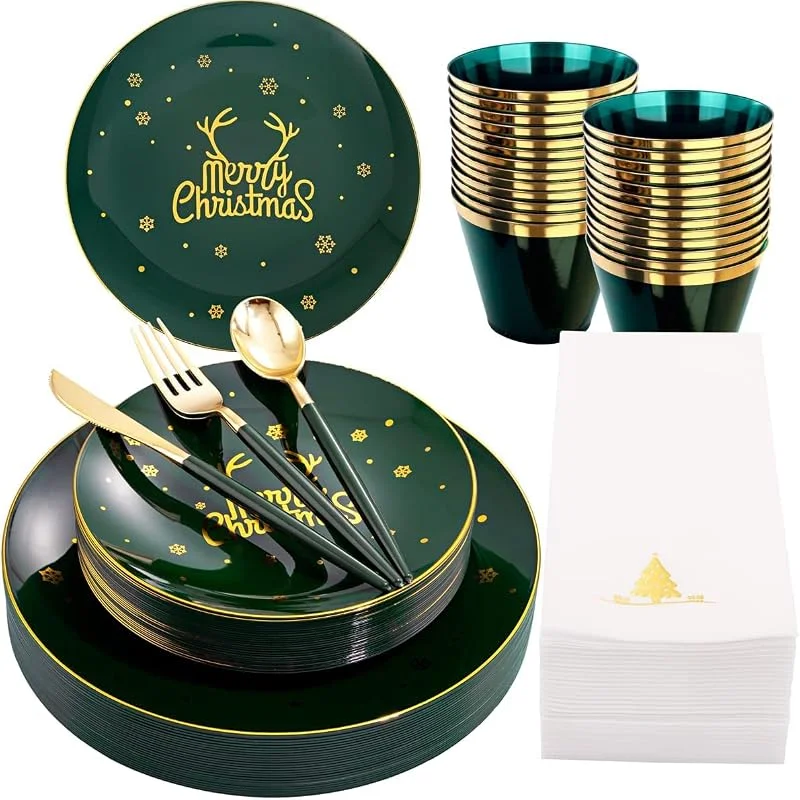 KAHEIGN 175 Piezas Reutilizable Vajilla Navide?a de Plástico Verde con Borde Dorado - 25 Platos Llano, 25 Platos Ensalada, 25 Cuchillos, 25 Tenedores, 25 Cucharas, 25 Servilletas para 25 Invitados — Adviento y mesa
