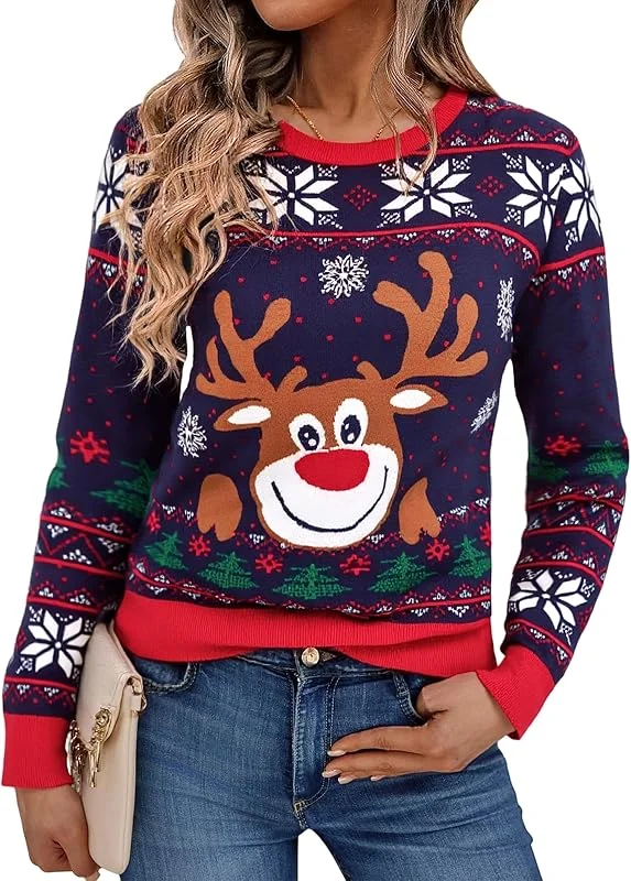 Visita la tienda de Bresdk Bresdk Jersey Navideño Mujer Divertido Suéter Navidad de Punto Ugly Christmas Sweater de Reno Invierno Ropa Cuello Redondo para Familiares S-XXL — Ropa Navidad