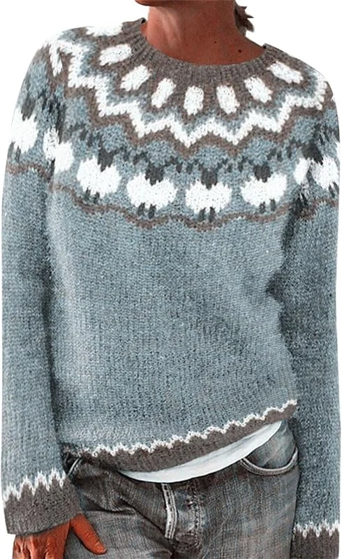 Generic HUIFUAO - Jersey Fairisle para mujer, talla grande, suéter noruego, nórdico, islandés, invierno, cálido, grueso, de Navidad, ropa de punto vintage, suave, suéter de manga larga — Ropa Navidad