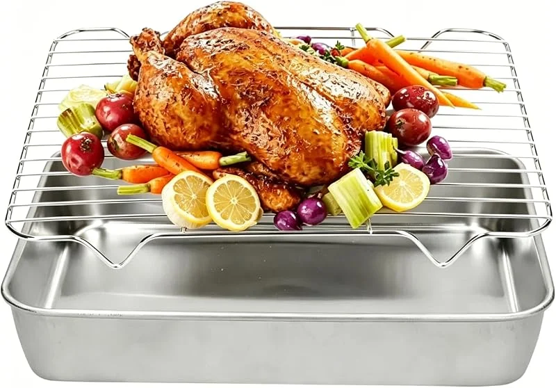Tomotato Bandeja para Asar con Rejillas, Bandeja para Asar de Acero Inoxidable y Parrilla Asador Rectangular con Rejilla para Cocinar y Hornear, 26.5x20.5x5cm, para Hornear y Cocinar a Diario — Hogar y cocina
