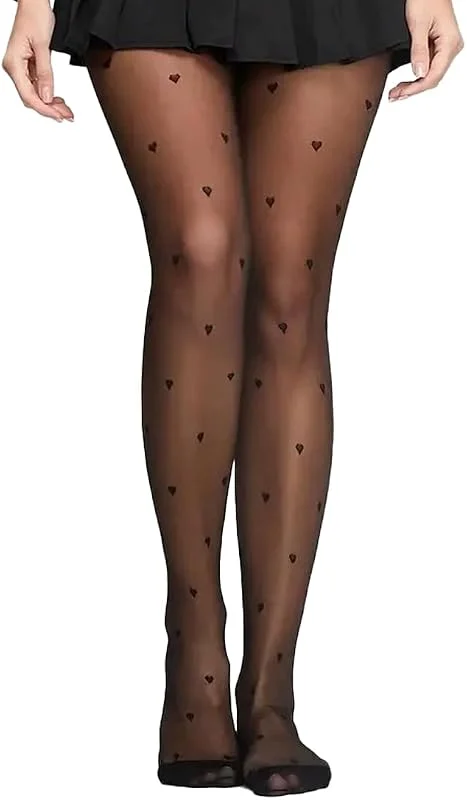 DOKRIN Medias para mujer, Medias de jacquard con estampado de corazones negros, pantimedias finas para mujer. — Ropa Navidad