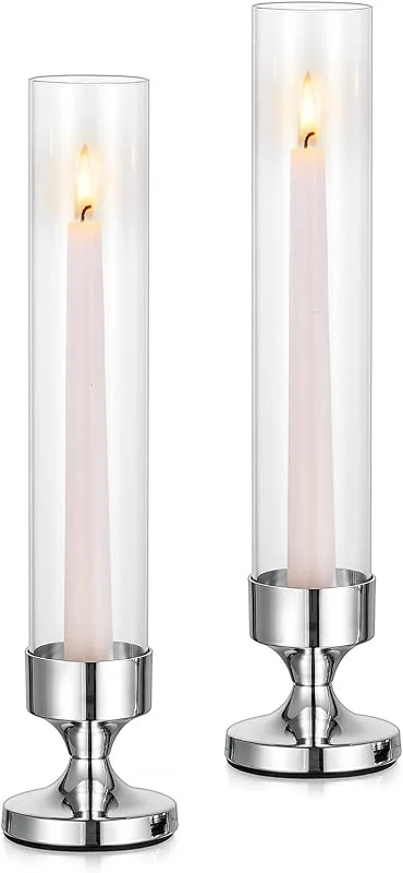 Visita la tienda de Nuptio NUPTIO Huracán de Vidrio Titular de la Vela: Candelabro de Plata para Velas Altas Cilindro de Vidrio para Velas - Set de 2 Centros de Mesa para Bodas Chimenea Decoración de Mesa de Comedor — Cena a la luz de velas
