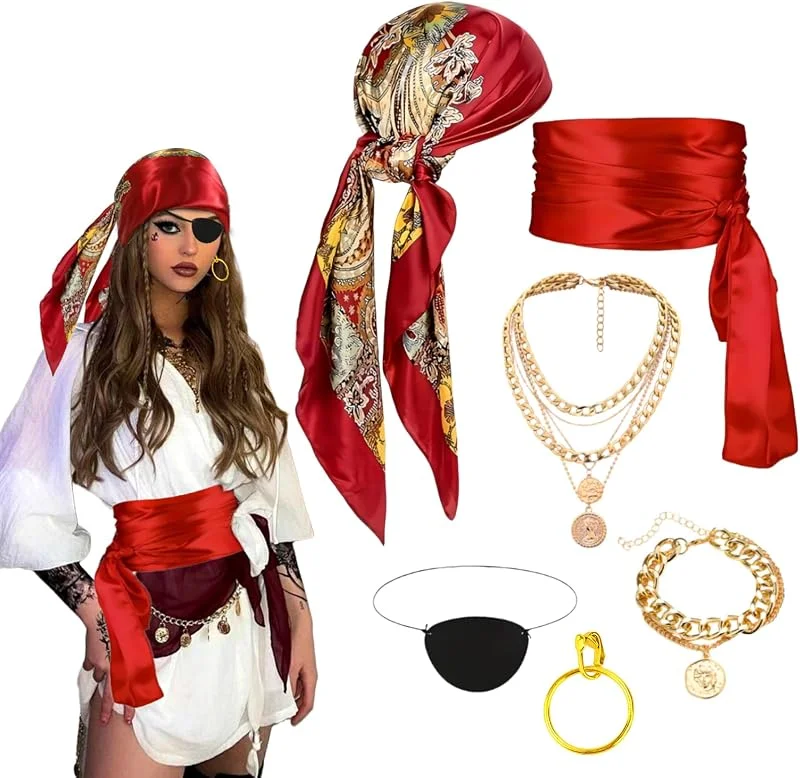 CIYIN Disfraz Pirata Mujer, 7PCS Disfraz Pirata Mujer Accesorios, Pañuelo Pirata, Cinturón Pirate, Parches Ojos Pirate, para Mascarada Carnaval Halloween Navidad — Ropa Navidad