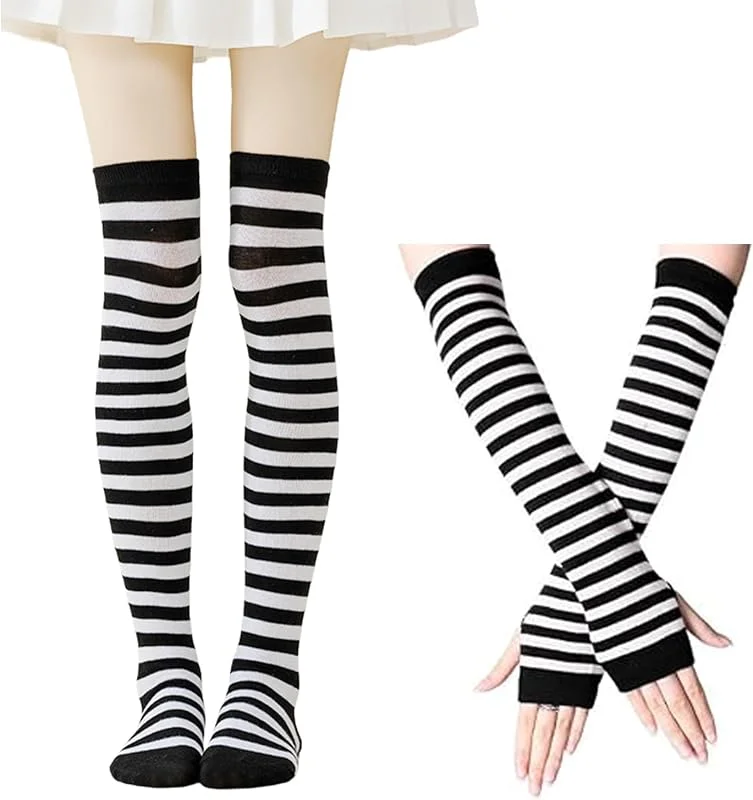 GWAWG Calcetines hasta la rodilla para mujer, calcetines hasta la rodilla con guantes largos sin dedos, medias casuales a rayas hasta la rodilla, medias de rayas blancas y negras para Navidad — Ropa Navidad