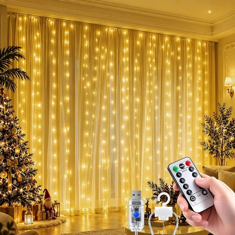 POIFL Cortina de Luces, 3 x 3M 300 LED Cortina Luces con Control Remoto, 8 Modos — Luces Navidad
