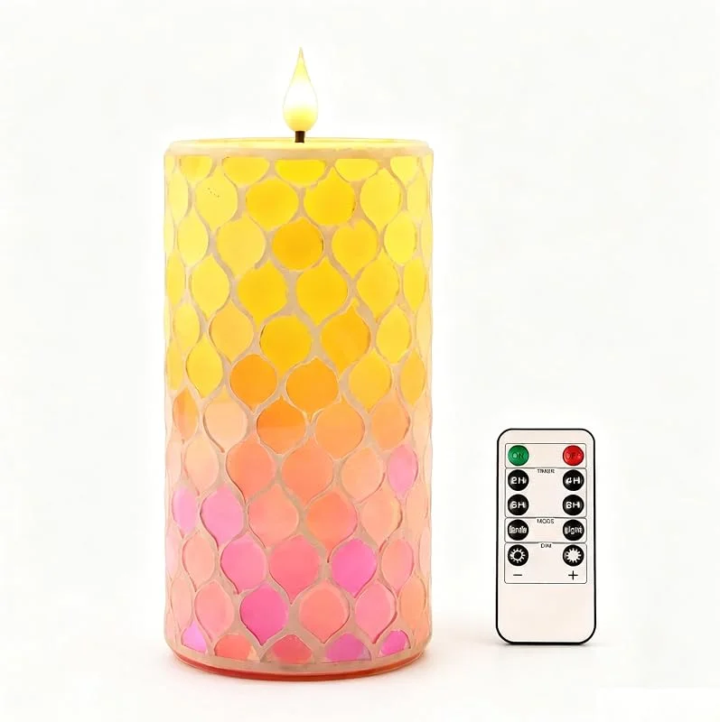 Visita la tienda de Da by Da by 1 Pieza Vela LED de Mosaico Hecha a Mano con Transición de Color Amarillo-Rosa, Llama Parpadeante Suave, Cera Natural y Vidrio Multicolor, 8, 3x18cm, Mando a Distancia — Cena a la luz de velas
